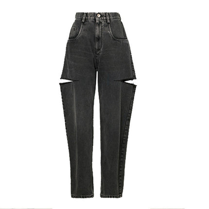 European and American Magila MM Same Style High Waist Wide Leg Knife Cut Hole Fashionable Loose Straight Jeans Women's Black Grey