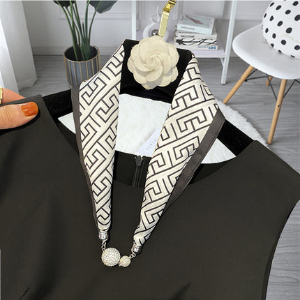 2026 New Magnetic Buckle Small Silk Scarf with Geometric Patterns and Rhinestones, Magnetic Necklace Scarf, Women's Hairband Scarf