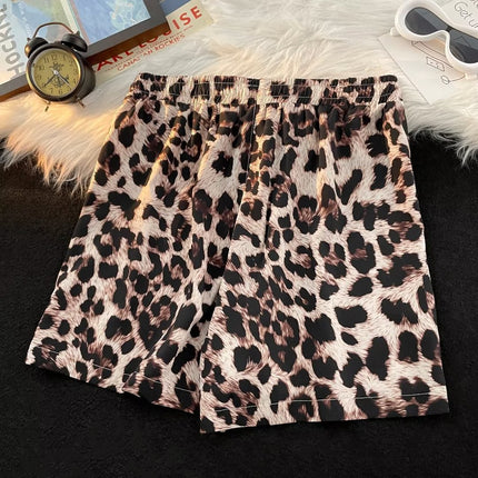 Summer Leopard Print No-Iron Ice Silk Beach Shorts for Boys, Trendy Brand, Handsome and Youthful, Loose and Versatile Shorts