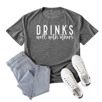 Amazon Supply Drinks Well with Others Printed Short-Sleeved Women's Casual Summer Casual