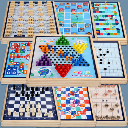Wooden Children's Educational Nine-in-One Multifunctional Game Chess Checkers Flying Chess Gobang Colosseum Chess Toy