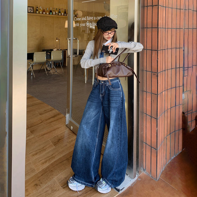 American-Style Dark Blue Wide-Leg Jeans for Women, 2025 Autumn New Straight High-Waisted Loose Slimming Lazy Floor-Length Pants