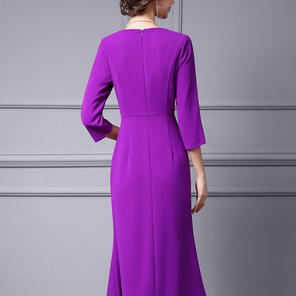 Zhili Middle and Old Beautiful Mother dress Long High-end Western-style Purple Heavy-industry Nail Drill Slim Light Dress