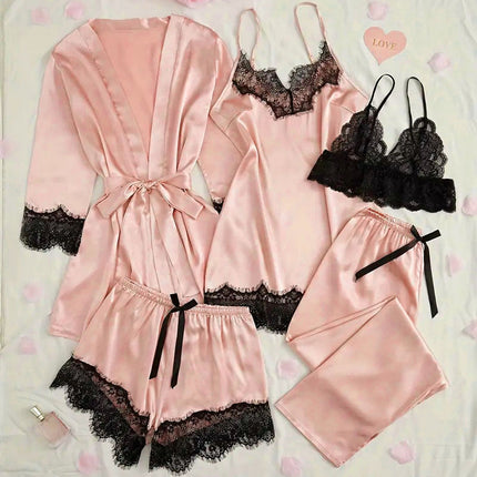 2024 New Sexy Pajamas Women's Spring and Summer Five-Piece Silk Black Lace Slip Skirt Long-Sleeved Nightgown Home Clothes