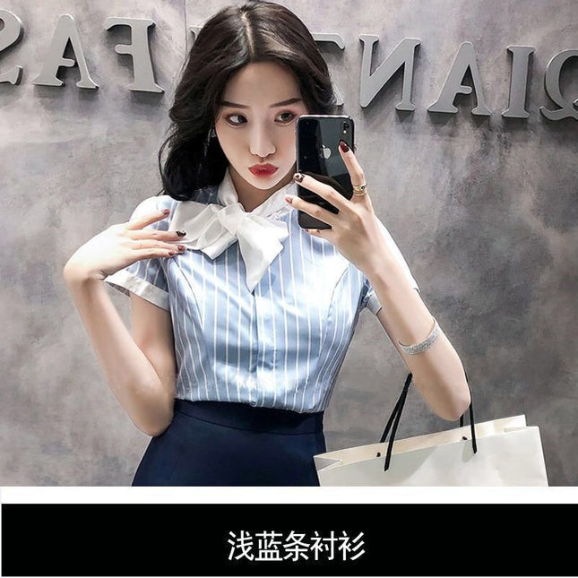 Front Desk Reception Work Wear High-End Business Attire Suit Women's Shirt Flight Attendant Stripesd Bow Business Attire Workwear
