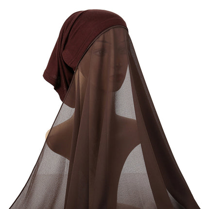 Monochrome Pearl Chiffon Shawl and Hat Set for Women, Including a Scarf, Tube Hat, and Long Scarf in Ethnic Style, Versatile