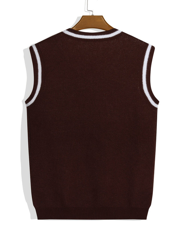 Brown V-Neck Knitted Vest with Eye-Catching "Brooklyn" Letter Jacquard and White Trim