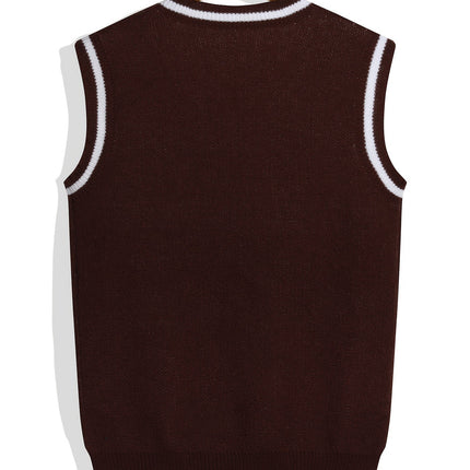 Brown V-Neck Knitted Vest with Eye-Catching "Brooklyn" Letter Jacquard and White Trim
