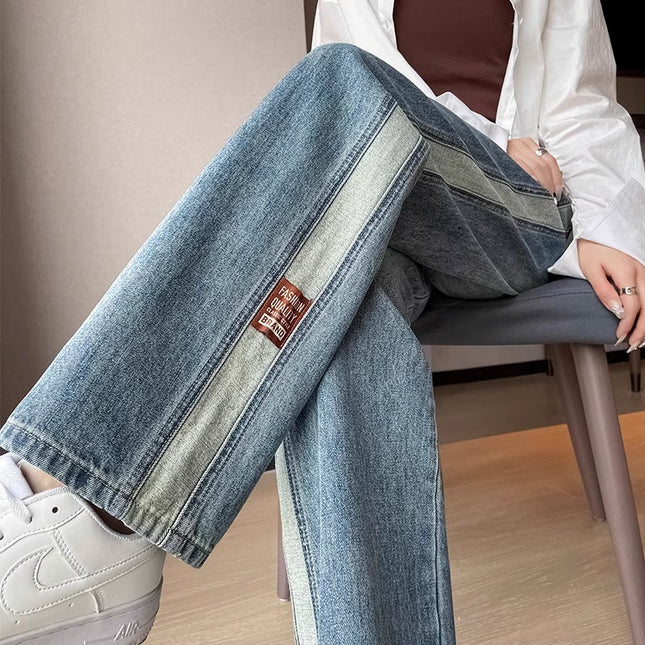 High-Waist Wide-Leg Jeans Women's 2024 Summer plus size Loose Slim-Fit Sag Narrow Straight Contrast Pants