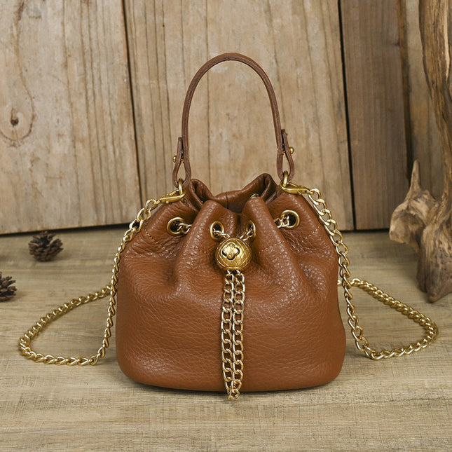 Wholesale First-Layer Cowhide High-Quality Soft Cowhide Women's Bucket Bag Fashionable and Versatile Chain Gold Ball Single Shoulder Crossbody Trendy