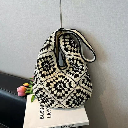 New Single-Shoulder Cotton Hand-Woven Bag Ins Straw Woven Bag Large Capacity Tote Bag Vacation Beach Bag Women's Bag
