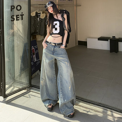 Vintage Ripped Scimitar Wide Leg Jeans Women's 2025 Spring and Autumn New Straight Loose High Waist Slimming Mop Pants