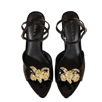 Simple and Fashionable One-Line Summer New Metal Flower Sexy Open-Toe Women's Stiletto High-Heeled Casual Sandals
