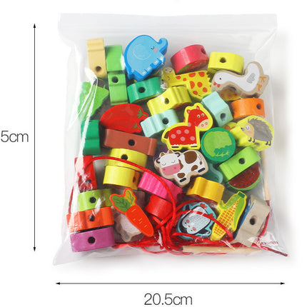 Children's wooden puzzle beaded large particle building block toy animal fruit string beaded puzzle toy 0-3