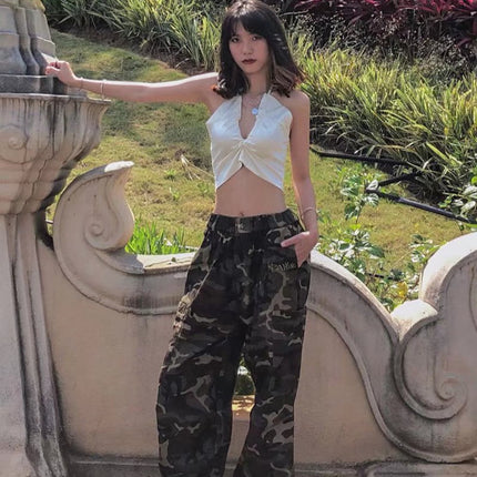 Army Green Commuter Camouflage Overalls Men's and Women's Summer National Fashion Casual Loose Dosing Wide-Leg Straight Pants