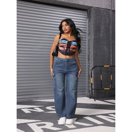 European and American Flip Large Pocket Tooling Jeans Loosen Casual Non-elastic Tooling Pants Women's Denim Tooling Pants
