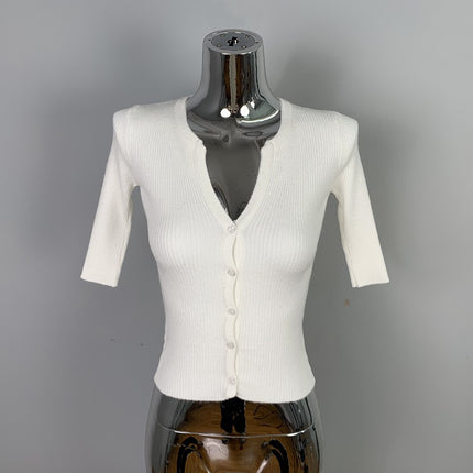 South Korea Dongdaemun Slim-fit Slimming Sexy Feminine V-neck Figure All-match Half-sleeve Knitted Cardigan Top