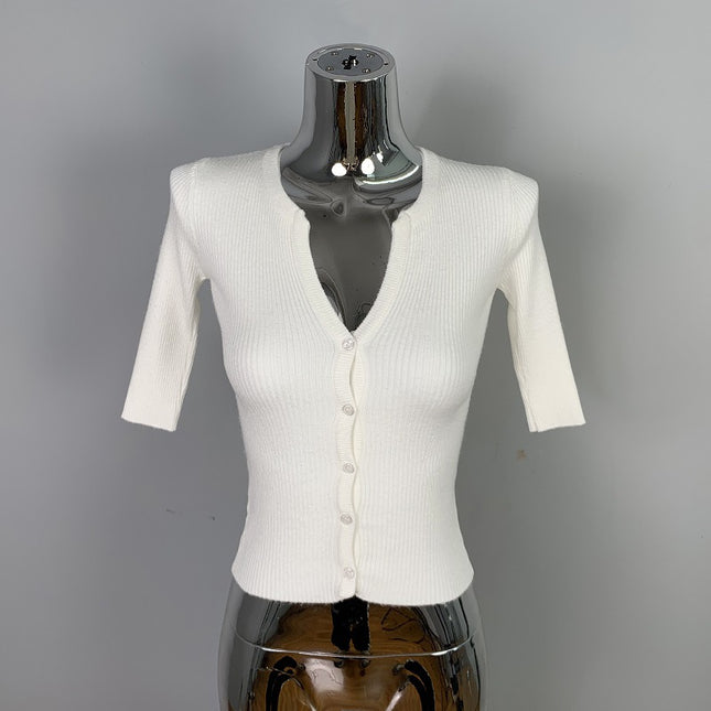 South Korea Dongdaemun Slim-fit Slimming Sexy Feminine V-neck Figure All-match Half-sleeve Knitted Cardigan Top