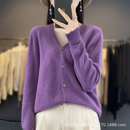 V-Neck Wool Knitwear for Women, Ready-Made Thin Autumn and Winter Work Clothing Slimming Look Elegant with 100% Wool Cardigan