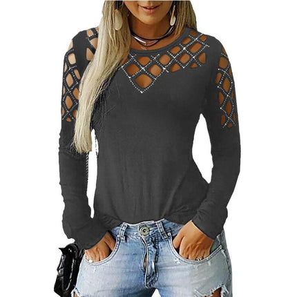 European and American cross-border 2023 Women's clothing eBay Amazon wish autumn and winter popular hollow rhinestone long-sleeved T-shirt top for women