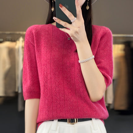23 woolen sweater women's round neck short sleeve knitted bottoming shirt half sleeve hollow-out design top wholesale