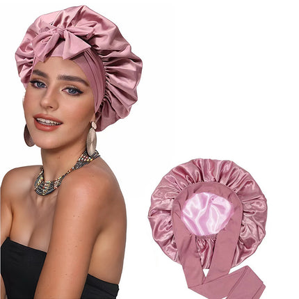 Amazon Double Layer Nightcap Color Ding Hat Women's Elastic Wide-brimmed Hair Care Hat Shower Hat Turban Bow Ribbon Round Hat