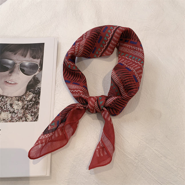 Autumn Maillard Wine Red Artistic Retro Small Square Decorative Scarf Cotton Linen Breathable Waist Flower Hair Belt