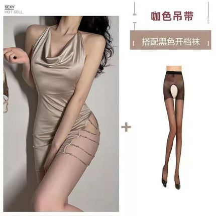 Sexy Lingerie, Sexy Chain Strap Nightgown, Passionate Temptation, Sexy Uniform, Deep V Strap, Open Crotch, No-Take-Off Set