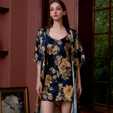 Cross-border printed nightgown suit women summer sexy ice silk middle sleeve plus size bathrobe silk bridal morning gown manufacturers wholesale
