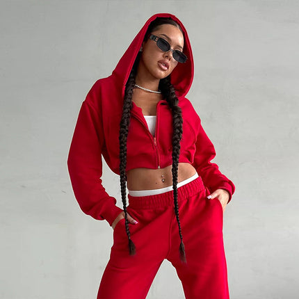 2026 Amazon Sexy Fashion European and American Style Casual Long-Sleeve Hooded Crop Top Shorts Cardigan Sports Pants