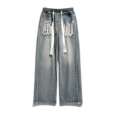 Jeans Men's Four Seasons Trendy All-Match Straight Loose Casual Trousers Towel Embroidered High Street Wide-Leg Denim Pants