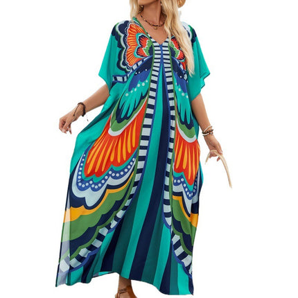 Independent Site Temu Cross-Border Women's Clothing Printed Dress Robe Beach Vacation Loose Sun Protection Outer Cover-Up