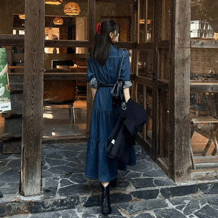 Vintage Elegant Denim Shirt dress Women's Tight Waist Slimming Long Dress Early Autumn New Arrival Light Luxury Women's Clothing