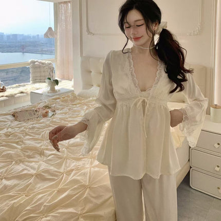 Spring and Autum New Women's Ice Silk Sexy Pure Desire Pajamas Short Outwear Suspenders Pants Three-Piece Set Home Outing Clothes