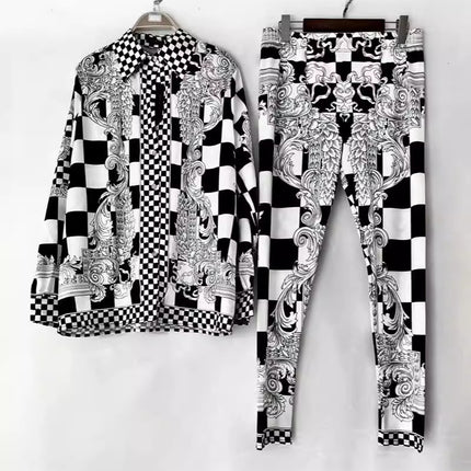 V home cross-border foreign trade acetate plaid printed loose shirt two-piece high waist stretch leggings fashion suit