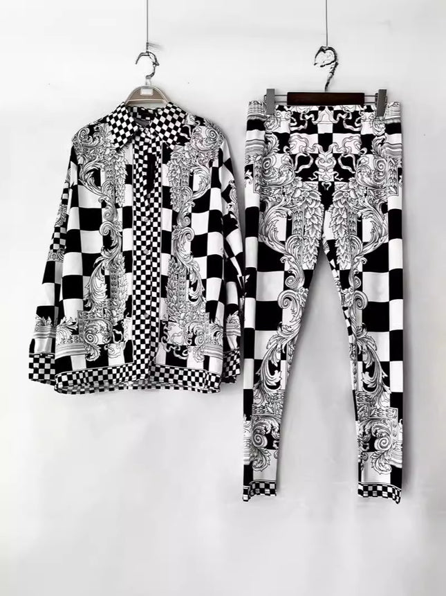 V home cross-border foreign trade acetate plaid printed loose shirt two-piece high waist stretch leggings fashion suit