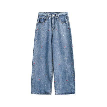 Youthful Campus Style Starry Sky Embroidered Urban Vibe Women's Loose Drape Slimming Straight-Leg Floor-Length Jeans