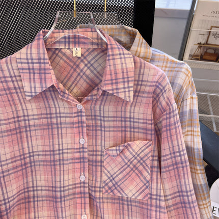 Plaid Shirt Jacket for Women, Spring/Summer 2025, Long-Sleeved, Loose-Fitting, Sun-Protective Shirt, Cotton-Linen Shirt, Breathable, Lightweight, Versatile