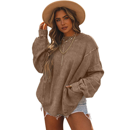 Trendy European and American Style Women's Sweatshirt, Brushed Autumn New Long-Sleeve Simple Ribbed Cuffs Loose Solid Color Women's Top