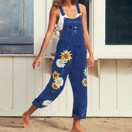 2026 Cross-Border European and American Women's Fashion Wish Amazon Foreign Trade Women's Printed Suspender Pants Denim Overalls European and American Style