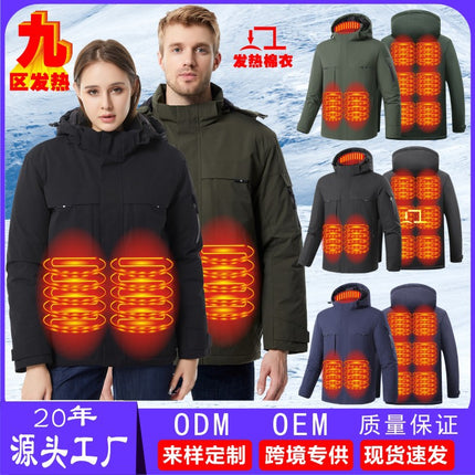 Cross-Border Smart Nine-Zone Heating Jacket, Cotton-Padded Jacket, Hooded Warm Men's Cotton Jacket, Outdoor Carbon Fiber Heated Jacket