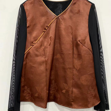 【Brown Robe】Silk Xiangyunsha Vintage Base Shirt for Women, Versatile Slimming Patchwork Top
