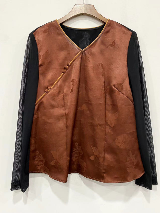 【Brown Robe】Silk Xiangyunsha Vintage Base Shirt for Women, Versatile Slimming Patchwork Top