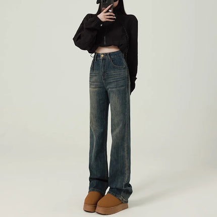 Vintage Cement Grey Narrow Edition Straight Jeans Women's Fashion All-match New Explosive High Waist Slimming Wide Leg Floor Pants