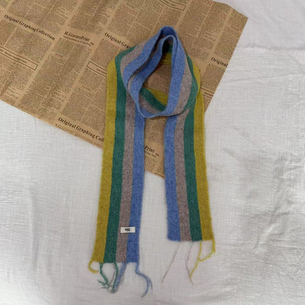 Korean Egg Color-Blocked Wool Knitted Scarf with Personalized Raw Edge Design, Versatile and Fashionable Narrow Long Scarf for Autumn and Winter