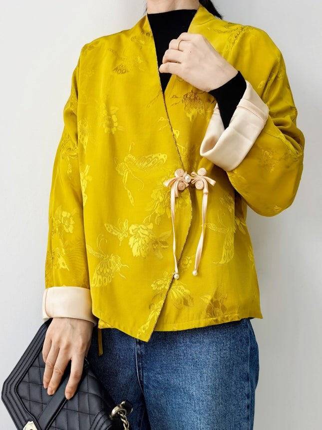 Special Offer: New Chinese-Style Jacquard Tang Suit Jacket, High-End Long-Sleeve Chinese-Style Raglan Sleeves, Tie-Up with Traditional Chinese Buttons, Women's Top with Color-Blocking