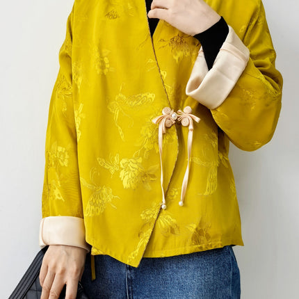Special Offer: New Chinese-Style Jacquard Tang Suit Jacket, High-End Long-Sleeve Chinese-Style Raglan Sleeves, Tie-Up with Traditional Chinese Buttons, Women's Top with Color-Blocking