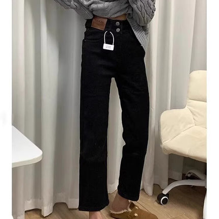 Black High-waisted Jeans Women's Spring and Autumn New Slimming plus size chubby girl Pear-shaped Body Cropped Straight Pipe Pants