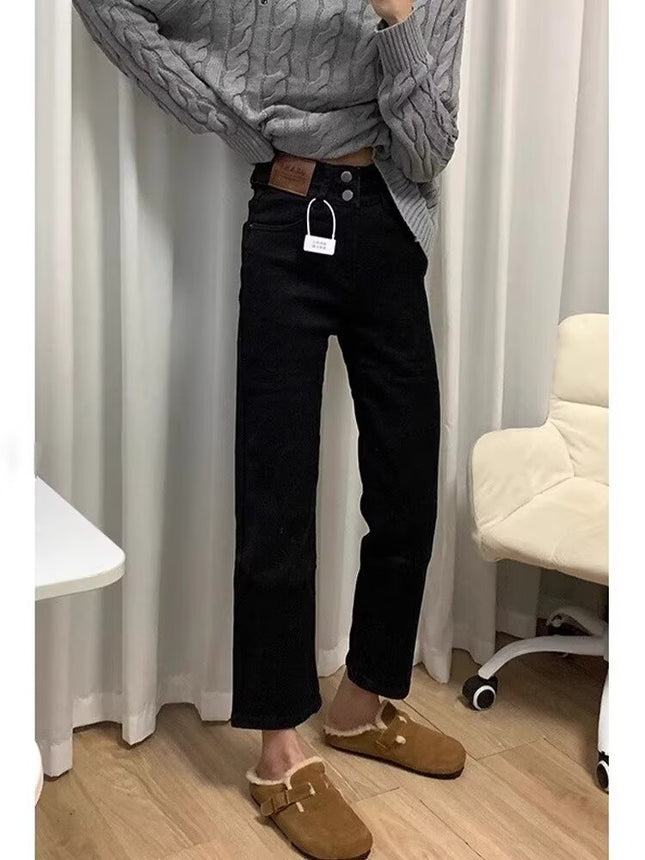 Black High-waisted Jeans Women's Spring and Autumn New Slimming plus size chubby girl Pear-shaped Body Cropped Straight Pipe Pants