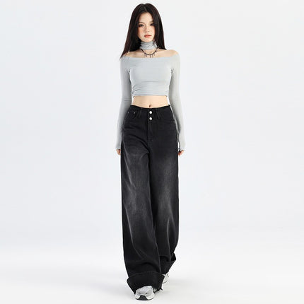 American Style Black Grey Wide Leg Jeans Women's Autumn 2024 New High Waist Double Buckle Loose Slimming Curl Edge Mop Pants